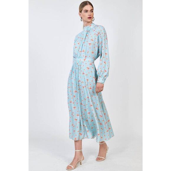 HUNTER BELL Sz 6 Tucker Skirt Blue Ikat Flower Floral Midi Silk NWT - Picture 1 of 10